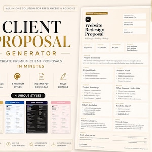 May include: A client proposal template with a gold and white design. The text reads "Client Proposal Generator" and "Create Premium Client Proposals in Minutes." Includes options for multi-page proposals, 4 premium styles, instant PDF download, and fully editable formats.
