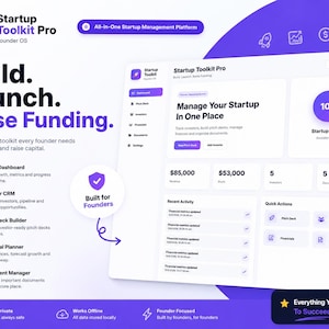Op de afbeelding: Een digitale interface voor Startup Toolkit Pro, een beheerplatform. Het scherm toont een dashboard met secties voor omzet, winst, investeerders en documenten. Tekst bevat Build, Launch, Raise Funding en Startup Health.