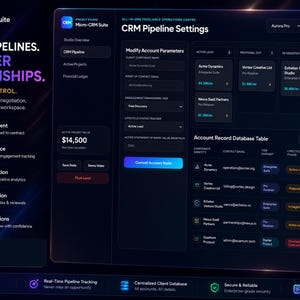 K&ouml;nnte beinhalten: Dunkelblaue digitale Benutzeroberfl&auml;che f&uuml;r eine CRM-Suite, die Pipeline-Einstellungen und Kontodatendatenbankinformationen anzeigt. Die Oberfl&auml;che enth&auml;lt Text wie "Smartere Pipelines, St&auml;rkere Beziehungen" und "Komplette CRM-Steuerung".