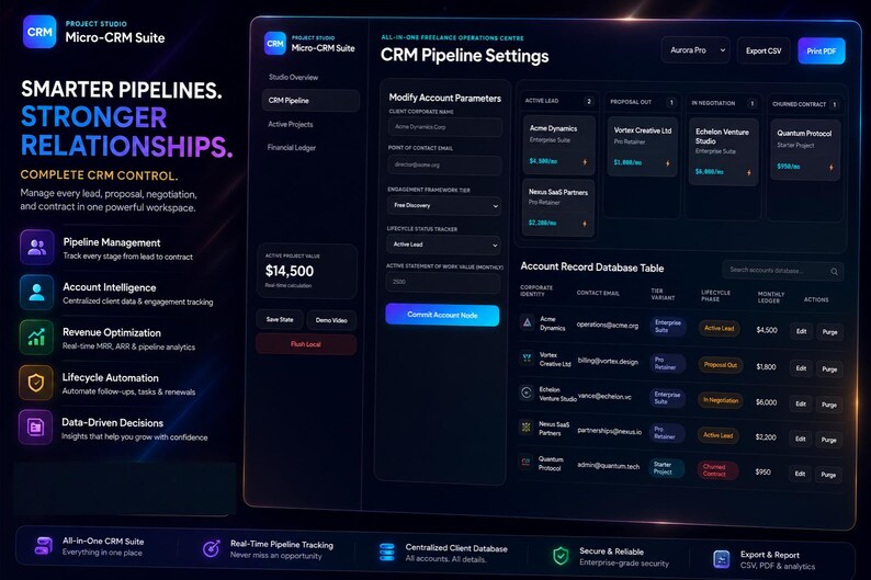 K&ouml;nnte beinhalten: Dunkelblaue digitale Benutzeroberfl&auml;che f&uuml;r eine CRM-Suite, die Pipeline-Einstellungen und Kontodatendatenbankinformationen anzeigt. Die Oberfl&auml;che enth&auml;lt Text wie "Smartere Pipelines, St&auml;rkere Beziehungen" und "Komplette CRM-Steuerung".