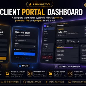 May include: A digital interface for a client portal dashboard, featuring a dark theme with gold and blue accents. The dashboard displays project progress, payment tracking, and file management tools. Text includes "Client Portal Dashboard" and "All-in-One Client Experience."