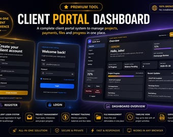 Kundenportal-Dashboard-Vorlage | Freelancer Projekt Tracker | Knotenpunkt für die Nachrichtenfunktion | Interaktives Dashboard Kein Canva benötigt