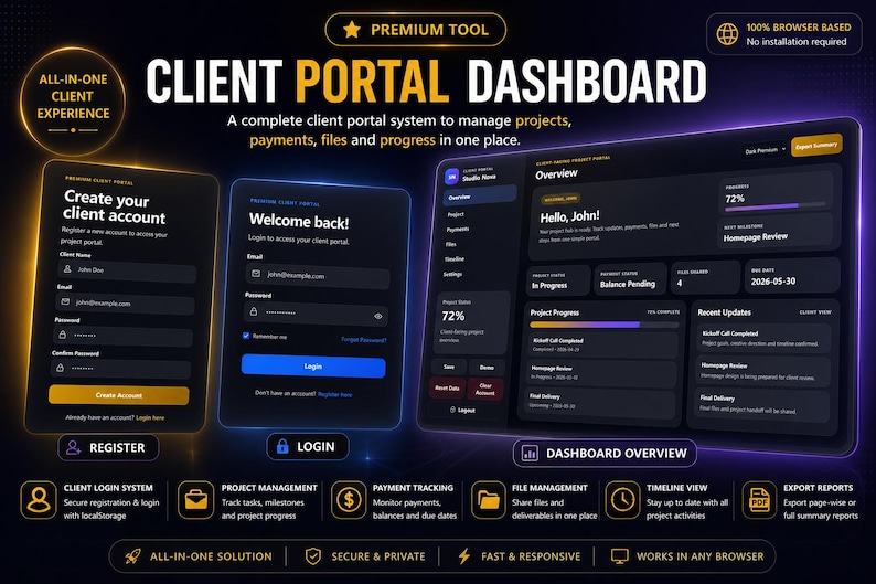 May include: A digital interface for a client portal dashboard, featuring a dark theme with gold and blue accents. The dashboard displays project progress, payment tracking, and file management tools. Text includes "Client Portal Dashboard" and "All-in-One Client Experience."