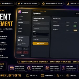 May include: A dark-themed client portal interface for payment management. The dashboard displays payment tracking, balance monitoring, and due date alerts. Features include adding payments, tracking status, and exporting reports. The interface is browser-based and offers instant download.
