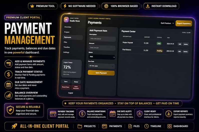 May include: A dark-themed client portal interface for payment management. The dashboard displays payment tracking, balance monitoring, and due date alerts. Features include adding payments, tracking status, and exporting reports. The interface is browser-based and offers instant download.