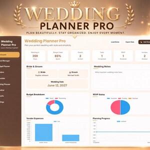 Könnte beinhalten: Eine digitale Wedding Planner Pro Dashboard-Oberfläche mit Hochzeitsplanungs-Metriken, einschließlich einer Budgetaufschlüsselung, RSVP-Status, Anbieterausgaben und einem Fortschrittsdiagramm. Der Bildschirm verfügt über ein Seitenmenü und Textfelder für Namen, Datum und Notizen.