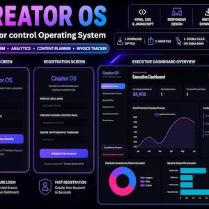 Puede incluir: Una interfaz digital azul oscuro con el texto "CREATOR OS" en un degradado de rosa y morado. La interfaz incluye pantallas de inicio de sesión y registro, una descripción general del panel ejecutivo e iconos para HTML, CSS, diseño responsivo y descarga instantánea.