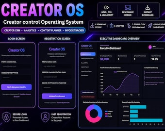 Creator OS Dashboard Template | Creator CRM Analytics Dashboard | Dark SaaS Admin Panel | Content Planner Invoice Tracker