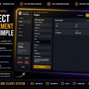 May include: A dark-themed client portal interface with the text "Project Management Made Simple." The interface includes project tracking, deadline management, and client details. Features include project tracker, client view, progress system, and deadline management.