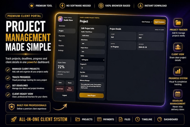 May include: A dark-themed client portal interface with the text "Project Management Made Simple." The interface includes project tracking, deadline management, and client details. Features include project tracker, client view, progress system, and deadline management.