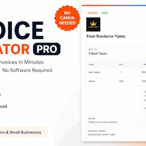 May include: A digital invoice template with the text "Invoice Generator Pro." The design includes fields for item details, totals, and business information. The template is designed for freelancers and small businesses.
