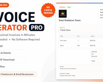 Invoice Generator Template | Editable Invoice Creator | Freelance Invoice Tool | Custom PDF Invoice Maker | Small Business Billing