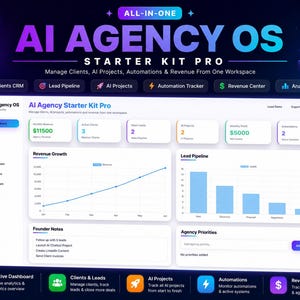 May include: A digital dashboard interface titled AI Agency OS Starter Kit Pro, featuring a dark blue background with a white workspace area. It displays metrics like monthly revenue, active clients, open leads, and revenue growth charts.