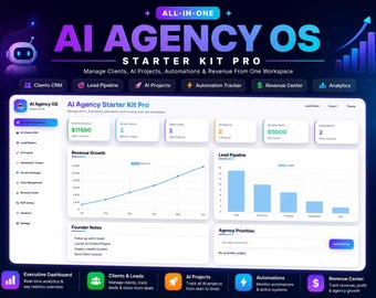 AI Agency Starter Kit Pro Dashboard Template | Client CRM, Lead Pipeline, Revenue Tracker, SOP Library, Dark & Light Mode