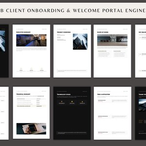 May include: A collection of business documents with a black and white color scheme. The documents include titles such as "Project Overview", "Executive Summary", and "Thank You". The text "B2B Client Onboarding & Welcome Portal Engine" is at the top.