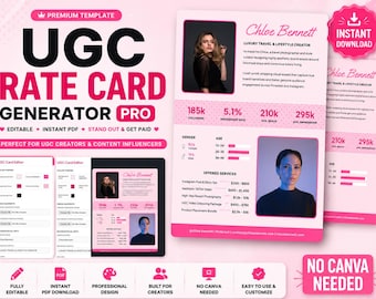 Interactive UGC Rate Card Generator HTML Template | Digital Media Kit Creator for Influencers, Editable Rate Card Design, Aesthetic Pink