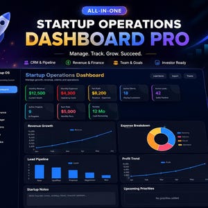 Startup Operations Dashboard Pro | Business CRM Template | Startup KPI Tracker | Lead Pipeline | Revenue & Finance Dashboard