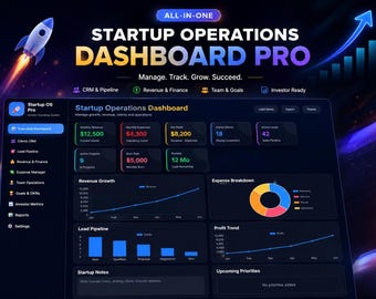 Startup Operations Dashboard Pro | Business CRM Template | Startup KPI Tracker | Lead Pipeline | Revenue & Finance Dashboard