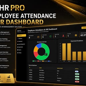 May include: A digital HR Pro employee attendance and HR dashboard interface featuring a dark theme with gold accents. The screen displays data visualizations including a pie chart for attendance overview, a bar graph for department breakdown, and a table listing recent employees with their status.