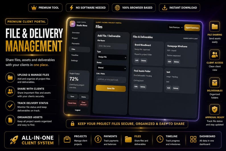 May include: A digital interface for file and delivery management, featuring a dark theme with gold accents. The interface includes sections for file sharing, client access, and organized deliverables. Text includes "File & Delivery Management" and "All-in-One Client System."