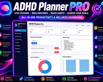 ADHD Planner Pro | Daily Planner, Focus Timer, Habit Tracker, Goal Planner, Wellness Tracker, Productivity Dashboard