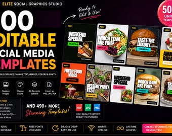 500 Editable Restaurant Social Media Templates | Food Instagram Posts, Ads & Pins | Offline Editor Bundle | PNG JPG PDF Download