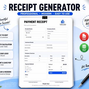May include: A digital receipt generator template on a white A4 sheet featuring fields for payment details, company information, customer data, and product services. The document includes a total calculation section and a black pen on the side.