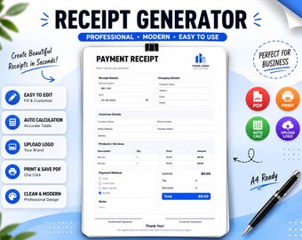 Editable Invoice Template, Payment Receipt Template, Freelance Invoice, Small Business Invoice, Auto Calculate PDF, Instant Download