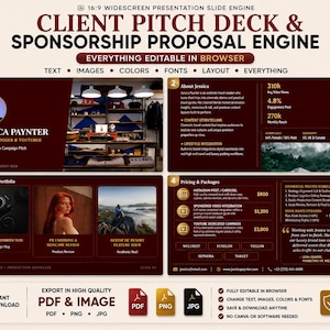 May include: A maroon and gold presentation slide deck titled "Client Pitch Deck & Sponsorship Proposal Engine." The design includes sections for a travel blogger, campaign portfolio, pricing, and packages. The deck is fully editable in a browser.