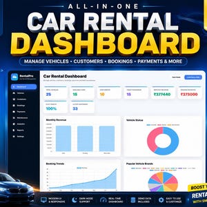 Könnte beinhalten: Ein digitales Dashboard zur Mietwagenverwaltung mit einer dunkelblauen Seitenleiste, Navigationssymbolen und einem weißen Hauptbereich, der Fahrzeugstatistiken, monatliche Umsatzbalkendiagramme, Buchungstrendkurven und farbige Kreisdiagramme anzeigt.