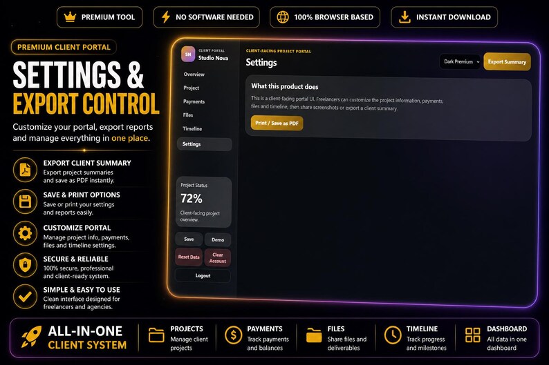 May include: A dark-themed client portal interface with settings and export control options. Features include project summaries, save and print options, and customization tools. The interface is designed for freelancers and agencies, with a focus on secure and reliable data management.