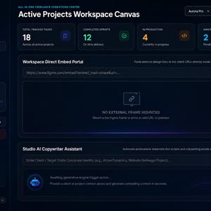 K&ouml;nnte beinhalten: Dunkelblaue digitale Oberfl&auml;che mit Projektmanagement-Daten. Zu den wichtigsten Kennzahlen geh&ouml;ren die Anzahl der verfolgten Aufgaben, abgeschlossene Sprints und Projekte in der Produktion. Die Oberfl&auml;che bietet auch ein Workspace-Einbettungsportal und einen KI-Copywriter-Assistenten.