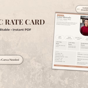 May include: A beige UGC Rate Card with the text "UGC RATE CARD" and "Editable • Instant PDF". The card features a photo of Isabel Mercado and details about her services, including UGC videos and monthly retainer rates. A button reads "No Canva Needed".