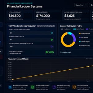 K&ouml;nnte beinhalten: Dunkelblaue digitale Oberfl&auml;che mit Finanzdaten, einschlie&szlig;lich Umsatz, Kontoertrag und Kundenabwanderung. Diagramme visualisieren Finanzprognosen. Die Oberfl&auml;che enth&auml;lt Optionen f&uuml;r Echtzeit-Finanzinformationen und intelligente Rechnungsautomatisierung.