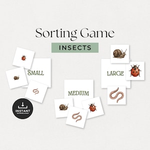 May include: A sorting game with the title "Sorting Game" and the subtitle "Insects". The game includes cards with illustrations of insects like ladybugs, snails, and worms, categorized by size: small, medium, and large.