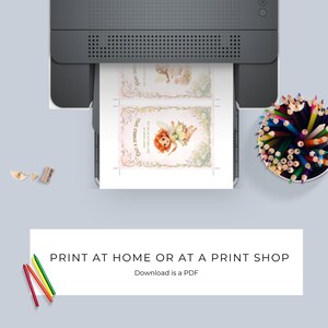 May include: A printer printing two fairy-themed cards with illustrations of fairies and the text "CAST A SPARKLE SPELL" and "FAIRY GARDEN". The cards are surrounded by colored pencils and the text "PRINT AT HOME OR AT A PRINT SHOP".