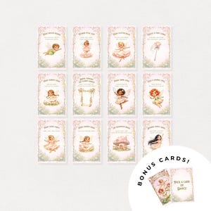 May include: A set of fairy-themed cards with illustrations of fairies, flowers, and whimsical elements. Each card features a unique design and text, with bonus cards included. The cards have a soft, pastel color palette.