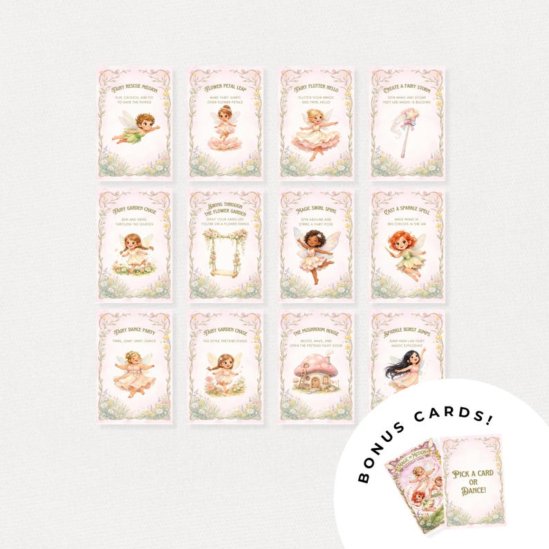 May include: A set of fairy-themed cards with illustrations of fairies, flowers, and whimsical elements. Each card features a unique design and text, with bonus cards included. The cards have a soft, pastel color palette.