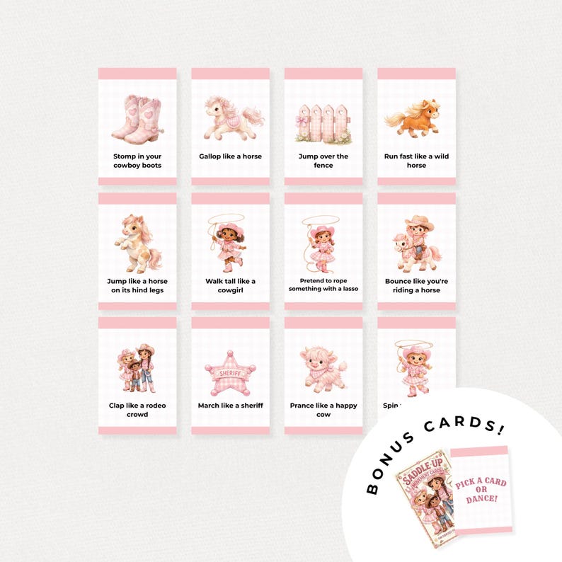 Op de afbeelding: Een set roze kaarten met illustraties met een cowgirl-thema. Elke kaart toont een andere activiteit, zoals "Stomp in your cowboy boots" en "Gallop like a horse". Bonuskaarten zijn inbegrepen met de tekst "Pick a card or dance!"