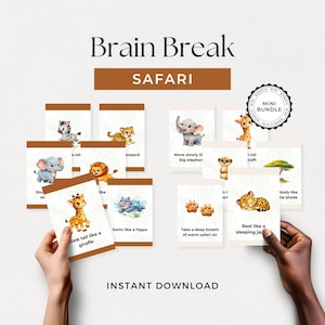 Op de afbeelding: Een verzameling flashcards met safari-thema's met dierenillustraties en zinnen als "Loop als een giraffe". De kaarten worden door handen vastgehouden, met de woorden "Brain Break" en "SAFARI" bovenaan. De woorden "INSTANT DOWNLOAD" staan onderaan.