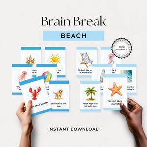 Op de afbeelding: Een verzameling geïllustreerde flashcards met een strandthema. Elke kaart bevat een aquarel afbeelding en een zin, zoals 'Stretch like a starfish'. De woorden 'Brain Break' en 'BEACH' staan bovenaan, met 'INSTANT DOWNLOAD' onderaan.