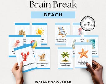 Kaarten voor strandbewegingen en rust voor kinderen | Minibundel (12 afdrukbare kaarten in totaal) | Brain Break-activiteit voorschoolse