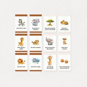 Op de afbeelding: Set van 12 ge&iuml;llustreerde kaarten met safari-dieren en acties. Elke kaart heeft een dierenillustratie en een bijbehorende actie, zoals "Loop als een zebra" of "Zwem als een nijlpaard". De kaarten hebben een bruine rand en een witte achtergrond.