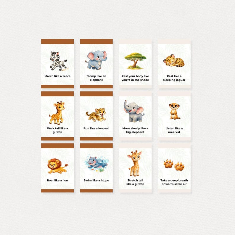 Op de afbeelding: Set van 12 ge&iuml;llustreerde kaarten met safari-dieren en acties. Elke kaart heeft een dierenillustratie en een bijbehorende actie, zoals "Loop als een zebra" of "Zwem als een nijlpaard". De kaarten hebben een bruine rand en een witte achtergrond.