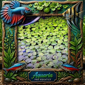 May include: A decorative frame featuring sculpted fish and aquatic plants. The frame surrounds a pond filled with green lily pads. The text "Aquaria PRO AQUATICS" is displayed on a blue plaque at the bottom of the frame.