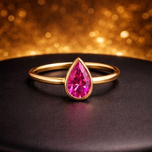Pear Shape Ruby Ring in Gold, Minimalist Bezel Set Gemstone Ring, Dainty Promise Engagement Ring, Gift for Her