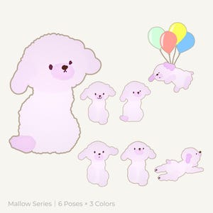 以下が含まれることがあります： 様々なポーズの薄紫色のプードルのイラスト。風船を持っているものも含まれています。画像には「Mallow Series | 6 Poses × 3 Colors」というテキストが含まれています。プードルは濃い紫色の目と鼻をしています。全体的なテーマはキュートで遊び心があります。