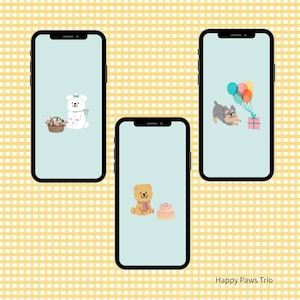 以下が含まれることがあります： 3つのスマートフォンに犬をテーマにしたイラストが表示されています。1つは花のバスケットを持った白い犬、もう1つはケーキを持った茶色のクマ、最後は風船とプレゼントを持った犬です。背景は黄色と白のチェック柄です。
