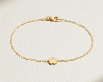925 Sterling Silver Charm Bracelet, Tiny Flower Bracelet With Diamond, Minimalist   Flower Charm Bracelet, Handmade Jewelry