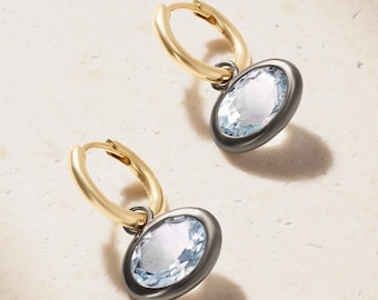 925 Sterling Silver Hoop Earring, Aquamarine Hoop Earrings, Blue Stone Jewelry, Statement Earrings, Handmade Jewelry, Wedding Gift
